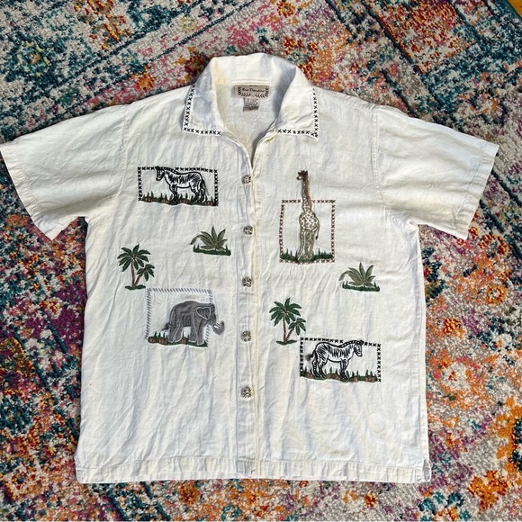 VTG New Directions Safari Print Embroidered Button Shirt Large Linen Cotton - Picture 14 of 16